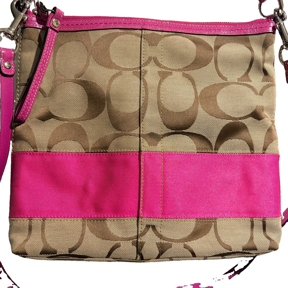 Coach F13674 Signature Jacquard Canvas Khaki Pink Shoulder Crossbody Bag Y2K